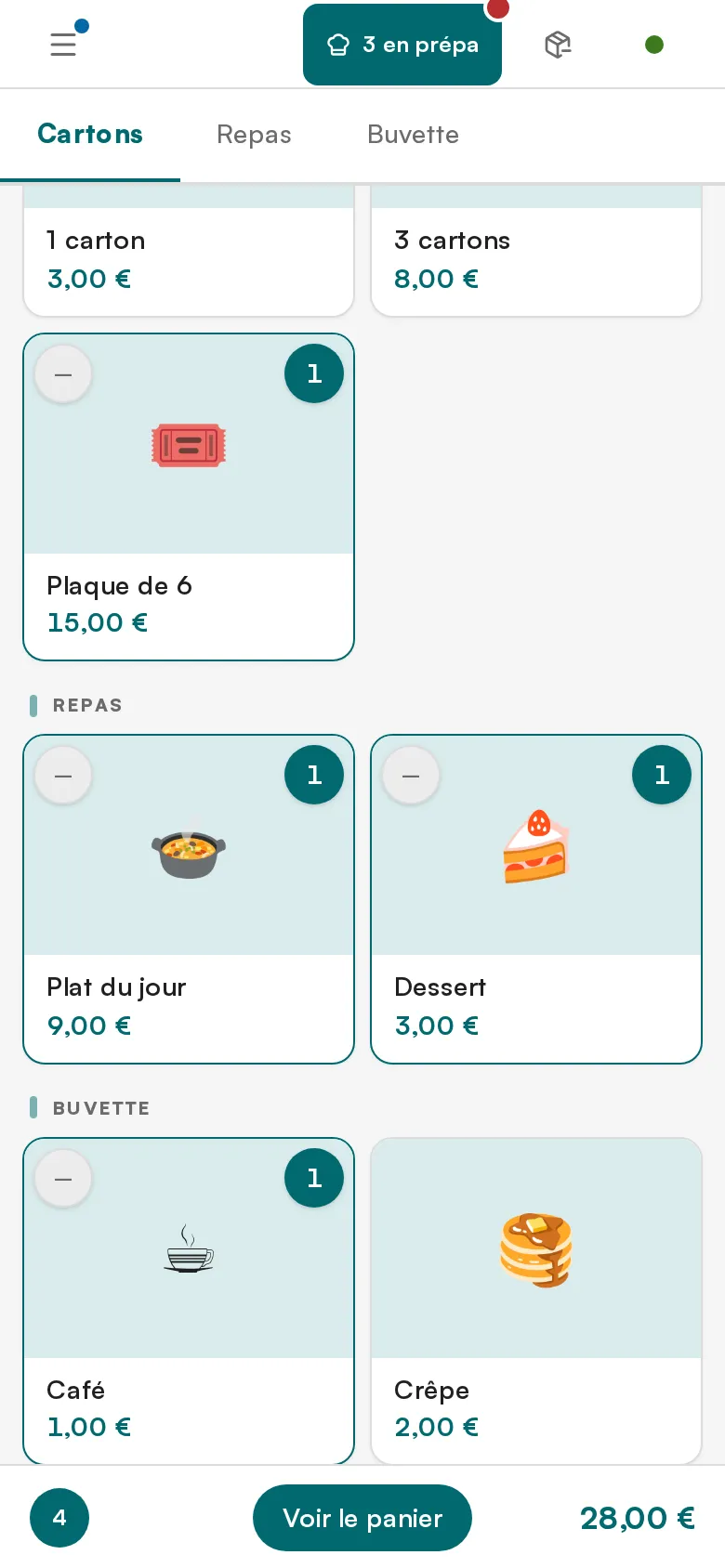 Caisse Posless sur un téléphone : une plaque de 6 cartons, un plat du jour, un dessert et un café dans le même panier, total 28 €