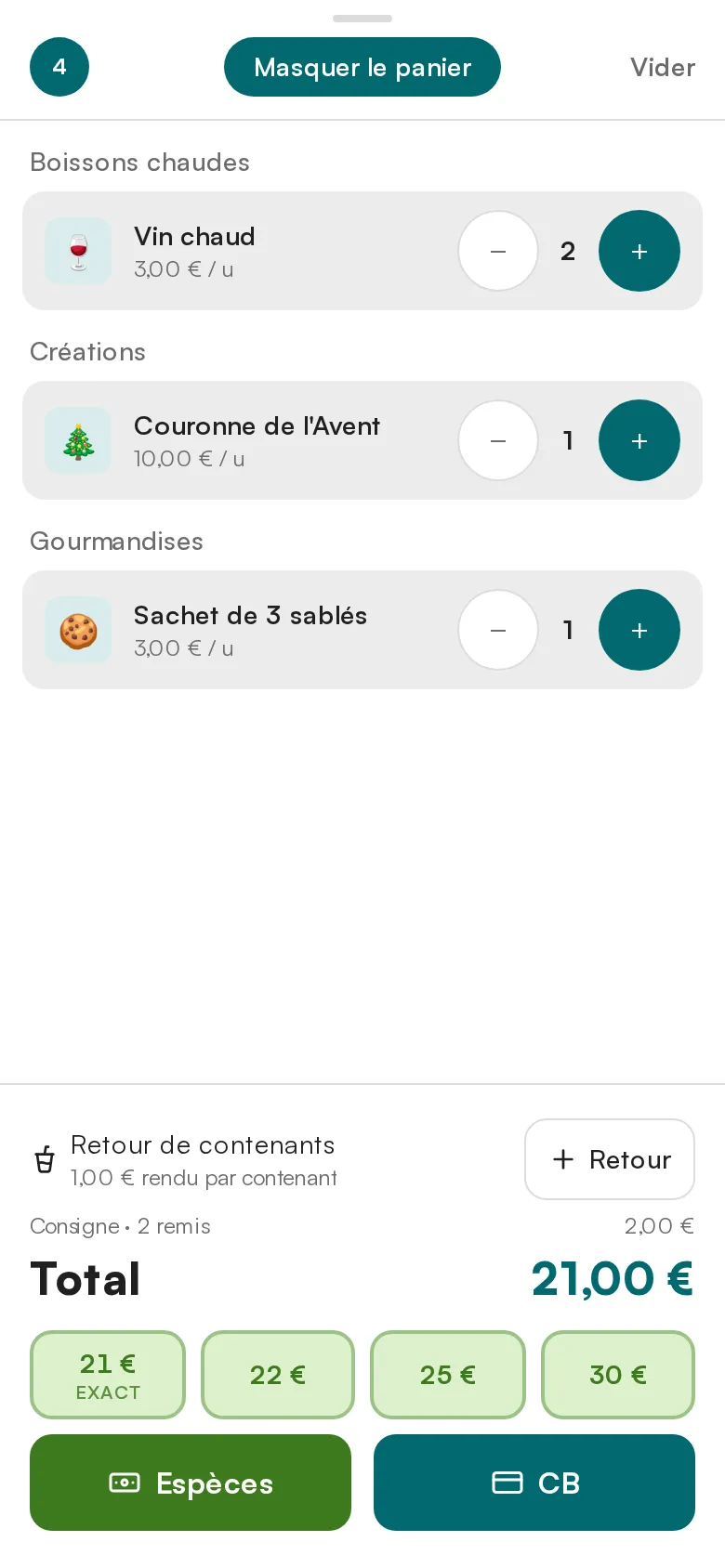 Panier de la caisse Posless sur un téléphone : deux vins chauds, une couronne de l'Avent et un sachet de sablés, consigne de deux gobelets à 2 €, total 21 €, boutons Espèces et CB