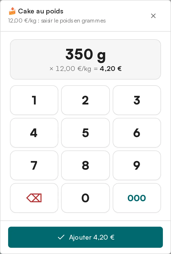 Caisse Posless : pour le cake au poids à 12,00 € le kilo, le bénévole a saisi 350 g et la caisse affiche 350 g × 12,00 €/kg = 4,20 €