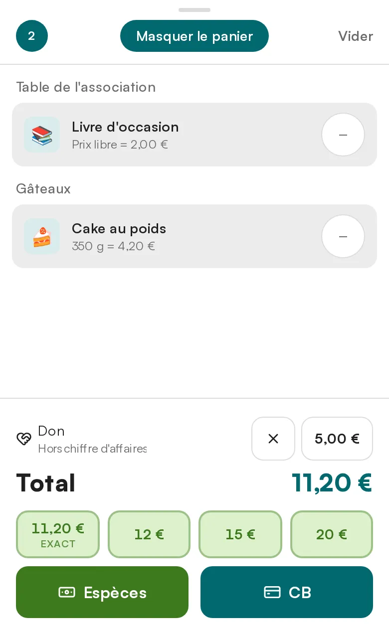 Panier Posless : un livre d'occasion à prix libre à 2,00 €, 350 g de cake au poids à 4,20 €, un don de 5,00 € marqué hors chiffre d'affaires, total 11,20 €