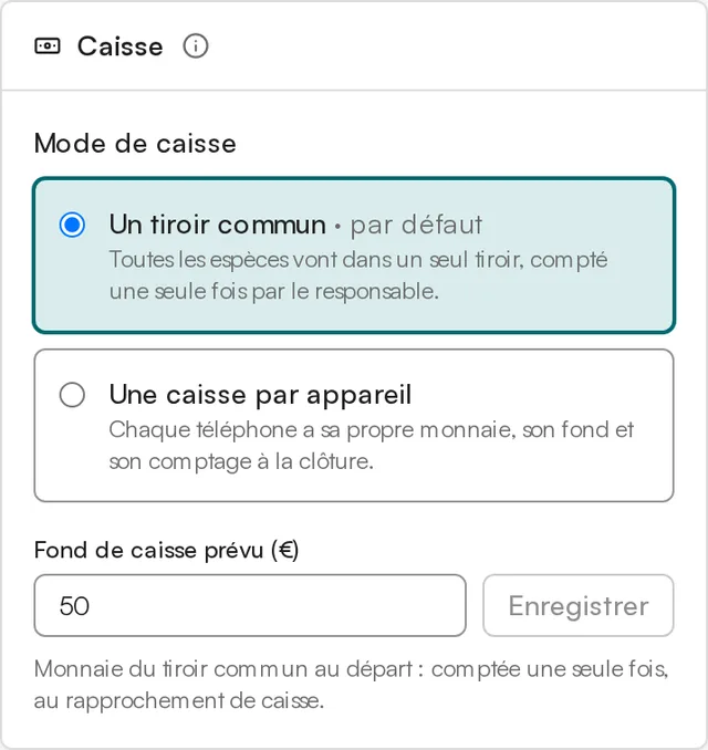 Carte Caisse des réglages de l’événement : Un tiroir commun choisi, fond de caisse prévu de 50 €.