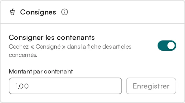 Carte Consignes des réglages de l’événement : Consigner les contenants activé, 1,00 € par contenant.