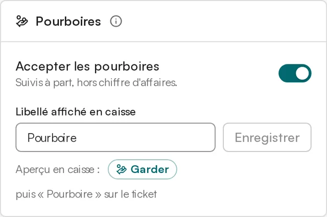 Carte Pourboires des réglages de l’événement : Accepter les pourboires activé, libellé « Pourboire » et aperçu du bouton Garder.
