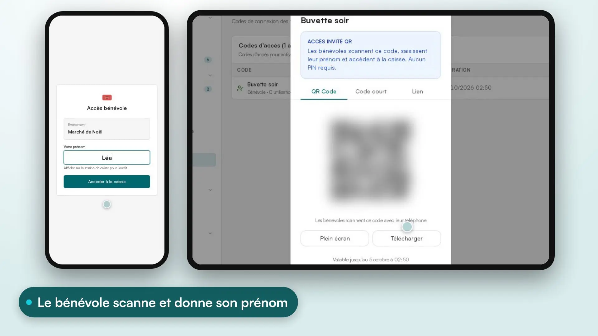 Démonstration Posless : le gestionnaire crée un accès bénévole valable 12 heures, un bénévole scanne le QR code, saisit son prénom et encaisse sans créer de compte