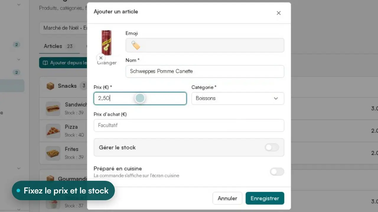 Démonstration Posless : un article ajouté depuis le catalogue partagé avec sa photo, son prix et son stock, catégories et formules réorganisées, puis un nouvel événement créé en copiant le catalogue du précédent