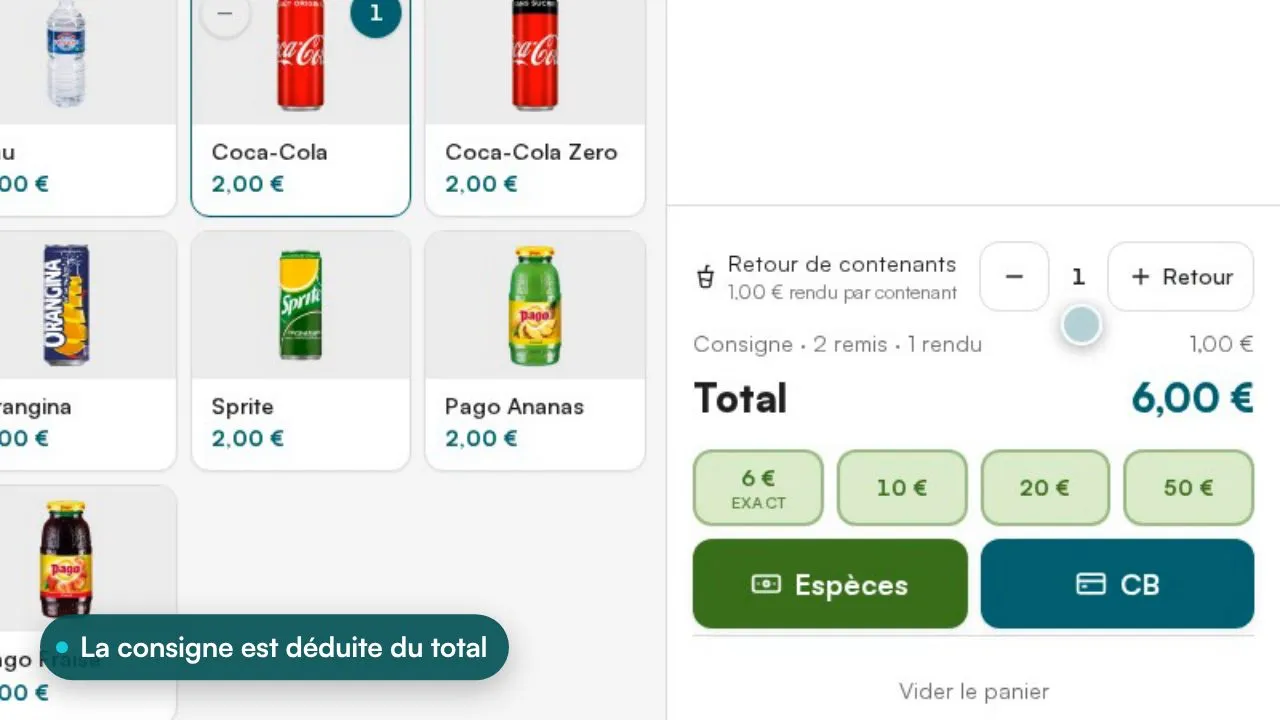 Démonstration Posless : deux boissons consignées ajoutent la consigne au panier, un gobelet rapporté la déduit d'un appui sur « Retour », puis le ticket détaille les gobelets remis et rendus