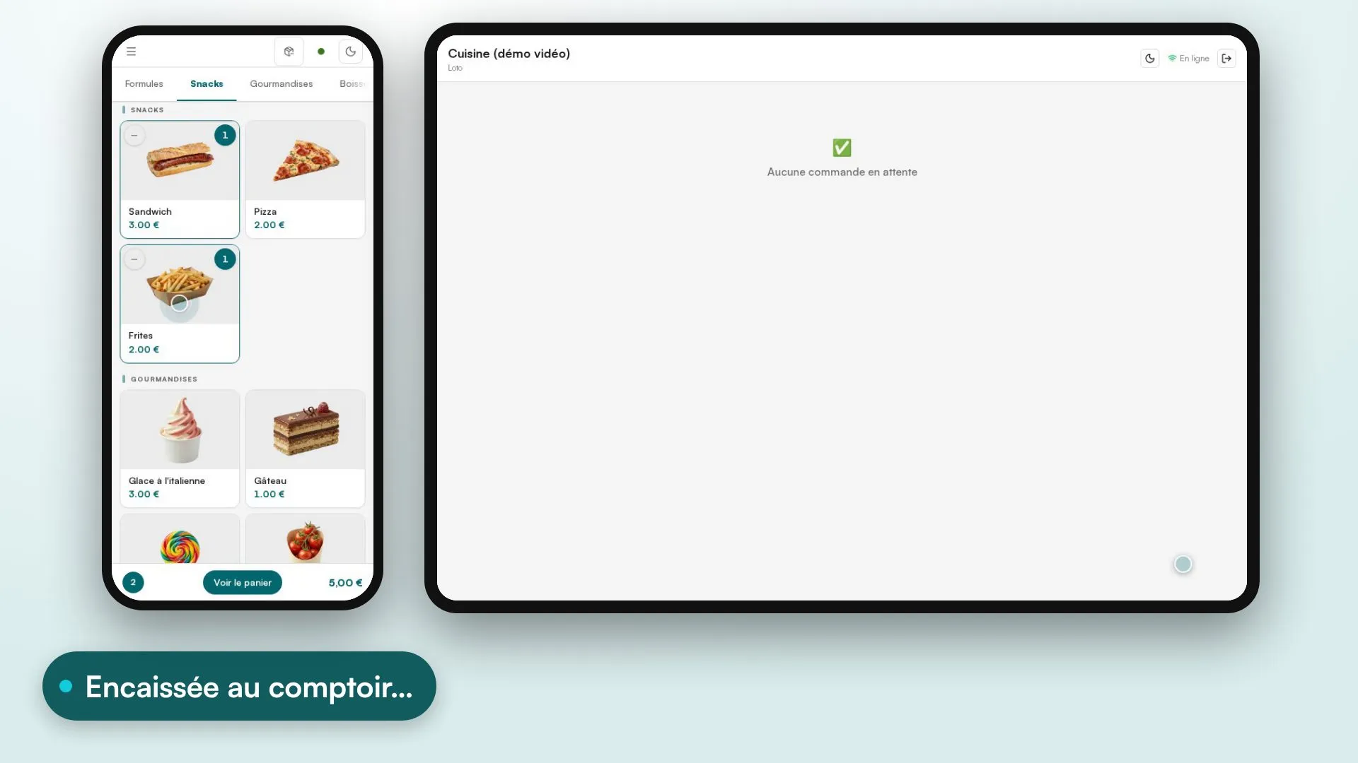 Démonstration Posless : une commande encaissée arrive sur l'écran de cuisine, passe prête puis s'affiche sur l'écran client