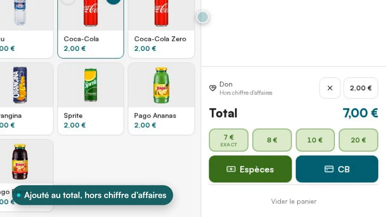 Démonstration Posless : un don de 2 € saisi au pavé s'ajoute au total, hors chiffre d'affaires, puis apparaît à part sur le ticket