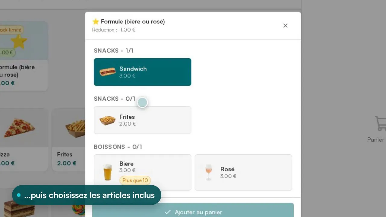 Démonstration Posless : une formule touchée à la caisse, les articles inclus choisis un par un avec le stock restant à jour, puis la remise appliquée au panier et sur le ticket