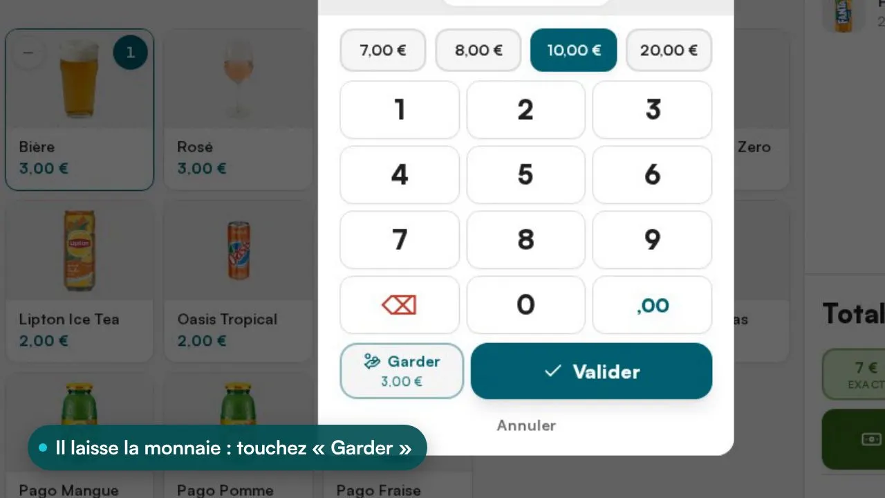 Démonstration Posless : 7 € à payer, le client donne 10 €, « Garder » transforme les 3 € de monnaie en pourboire, compté à part du chiffre d'affaires et affiché sur le ticket